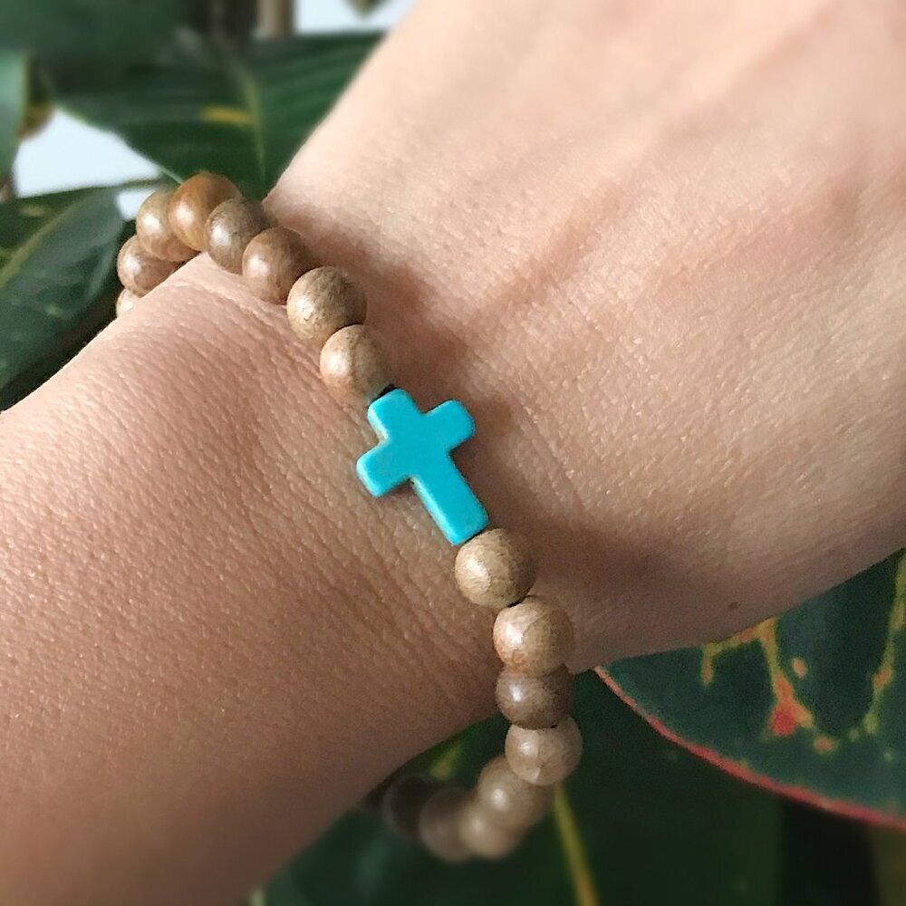 Wood Bead Stretch Bracelet with Turquoise Sideways Cross Boho Handmade Unisex